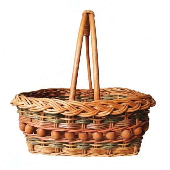 Vintage Beaded Wicker Basket Harvest Gathering Basket Rustic Farmhouse Decor - Picture 3 of 9